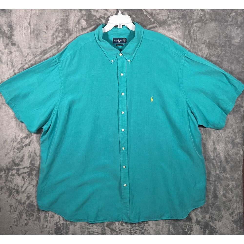 Ralph Lauren Silk Linen Blend Button Down Shirt Mens 5XB Big Turquoise Blue
